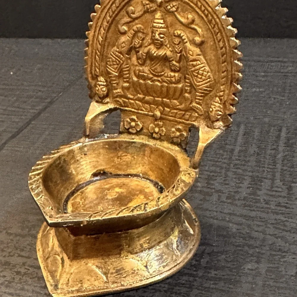 Vintage Brass Kamatchi Amman Vilakku, Gajalakshmi Oil Lamp, Diya, Petina, Marked